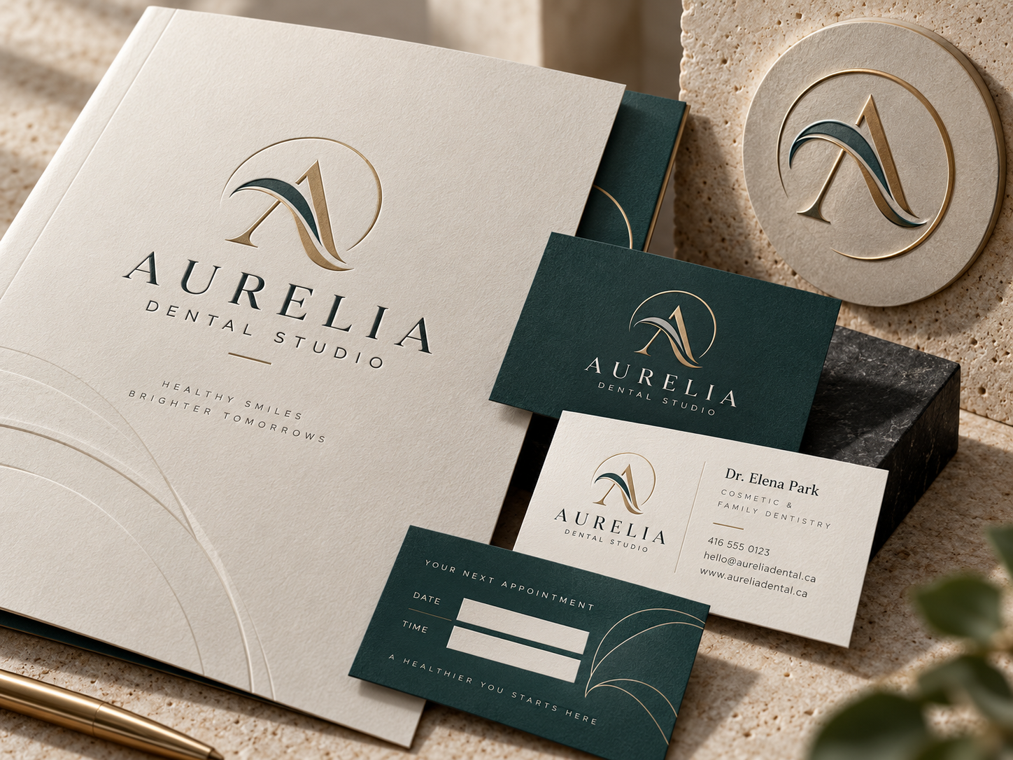 Professional dental brand identity presented on stationery