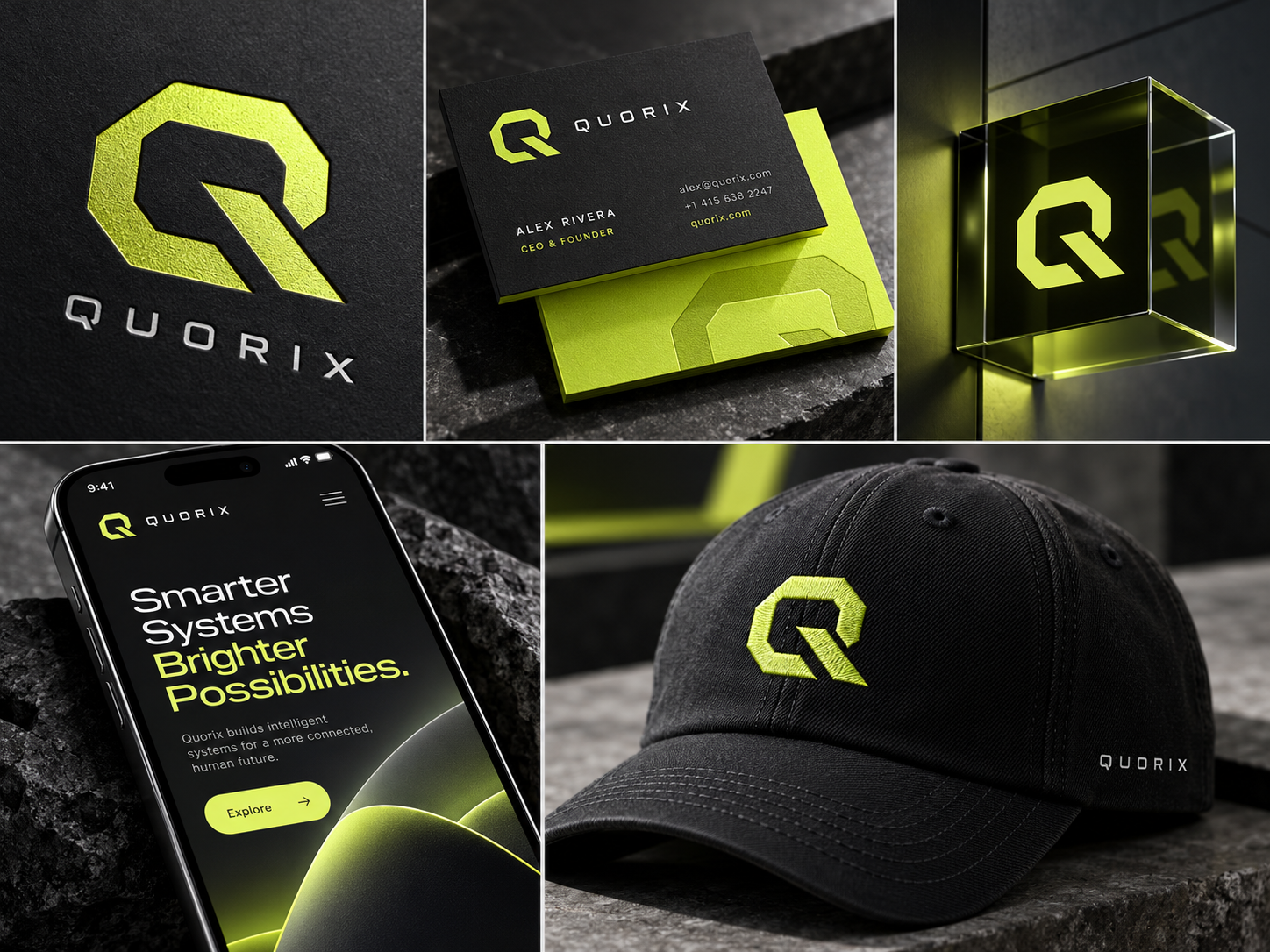 Technology brand identity presented across stationery, signage and merchandise